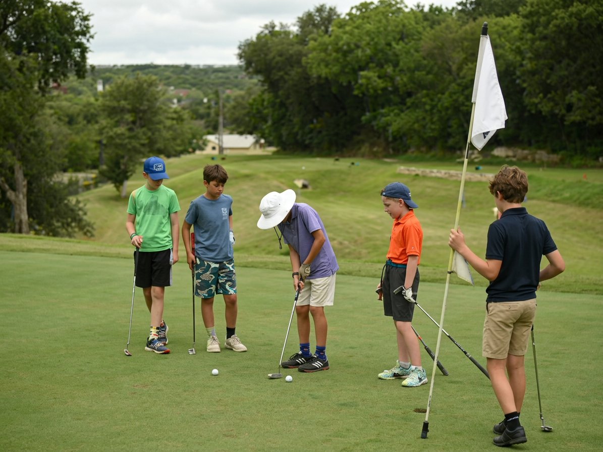 Junior golfers gathered around the practice green