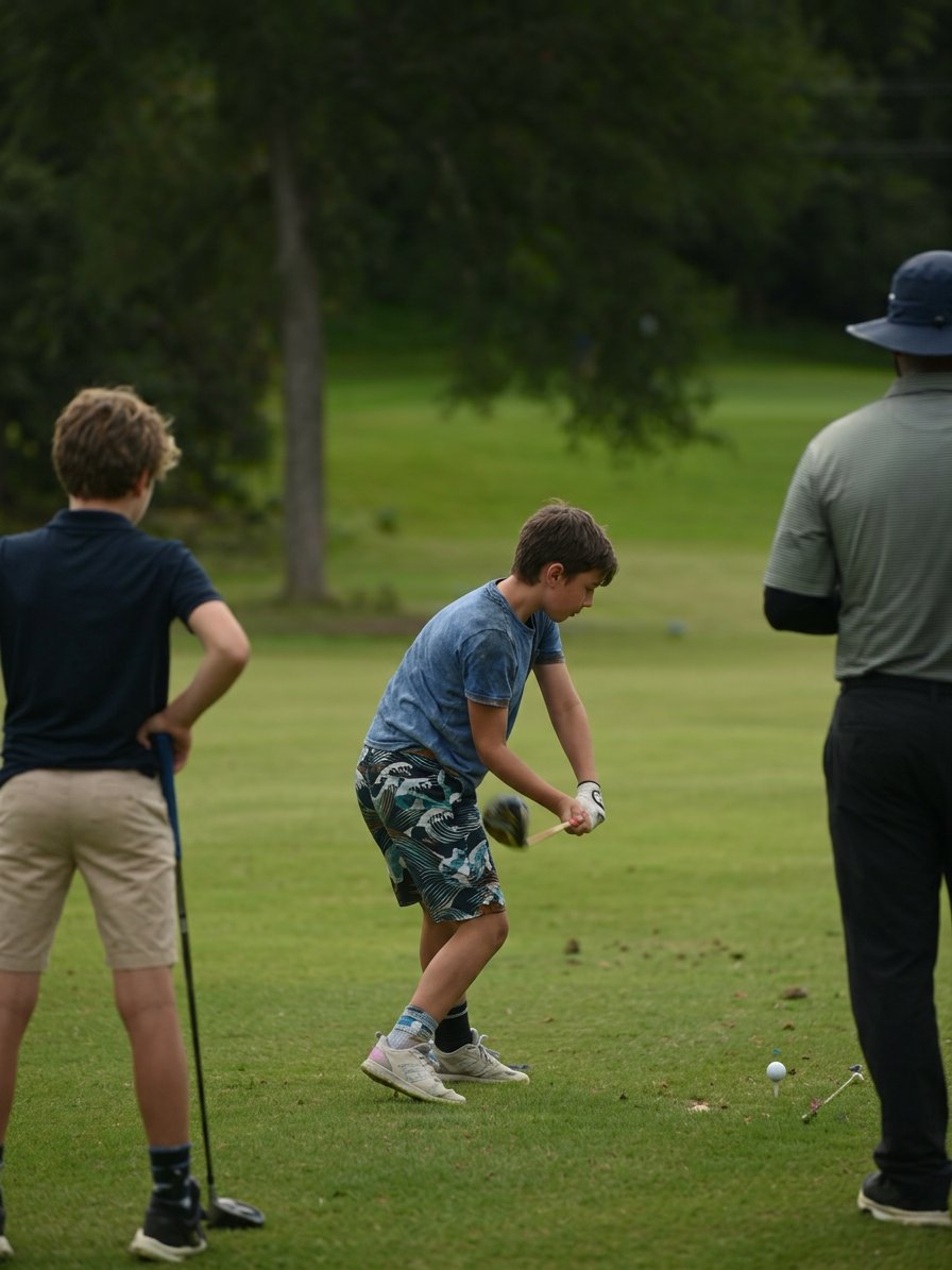 Young junior chipping onto the green during camp