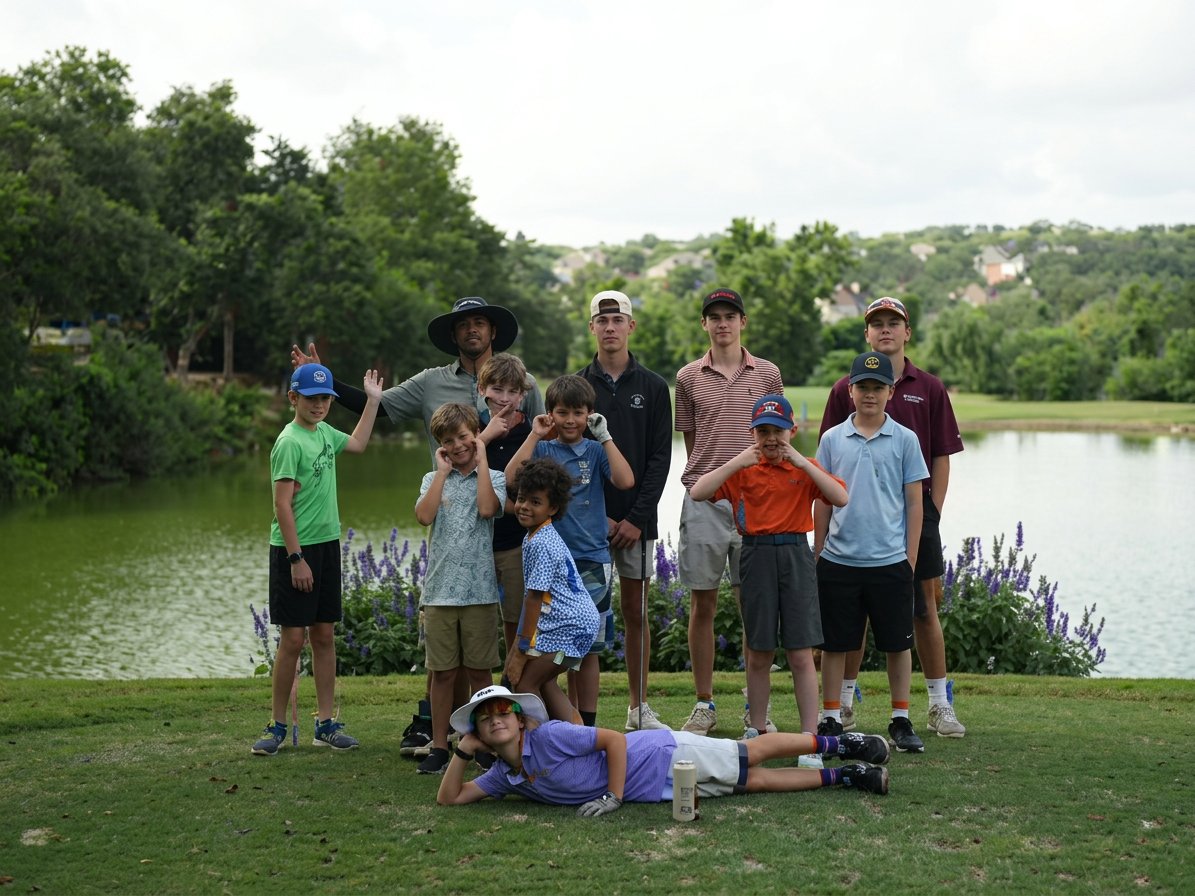 Junior golfers group photo at summer camp by the pond