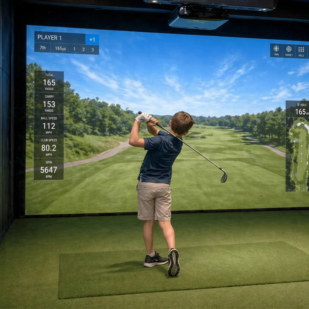 Junior golfer taking a swing on the Foresight simulator at The Back Nine East Austin