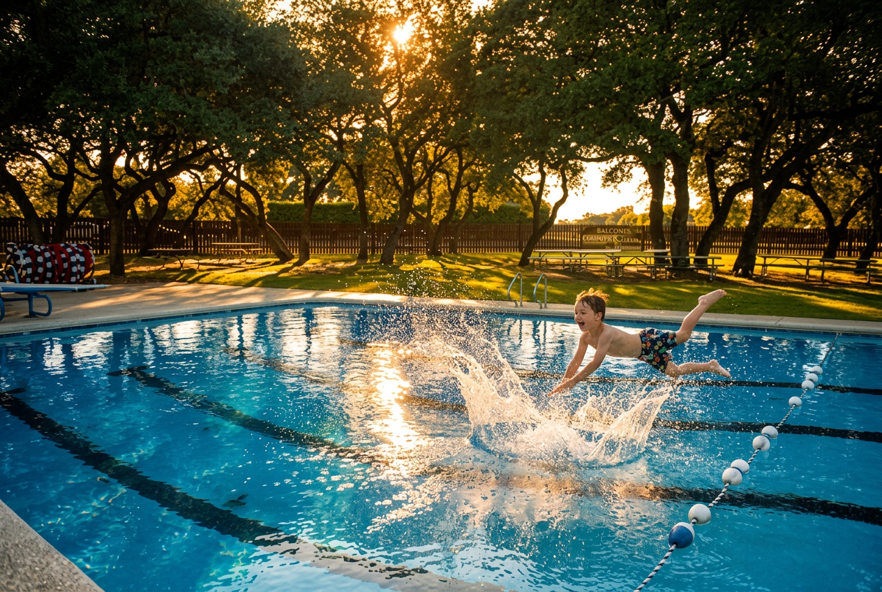 Young summer camper joyfully diving into the Balcones Country Club pool at golden hour, surrounded by oak trees