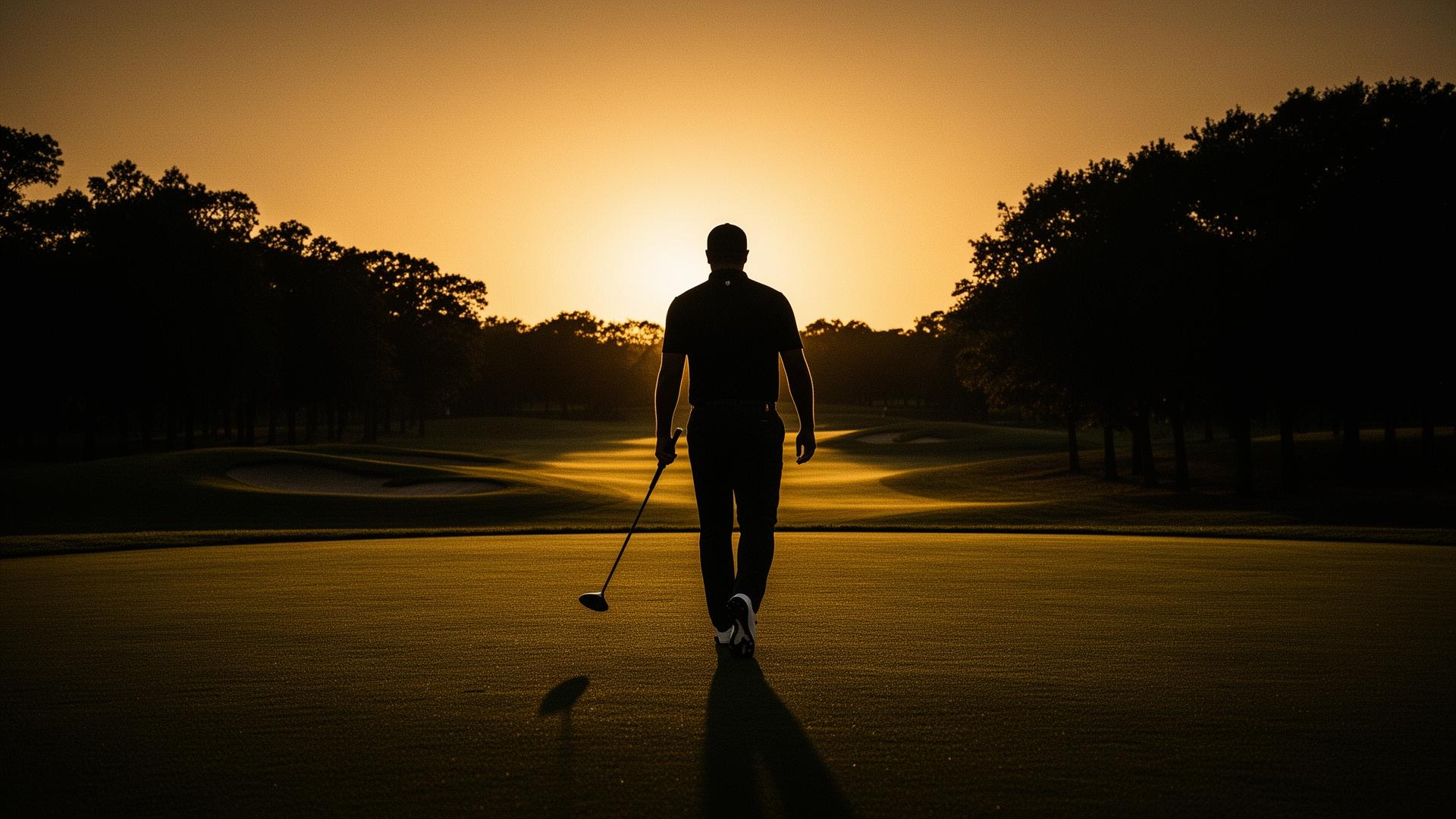 Golfer walking the fairway at golden hour